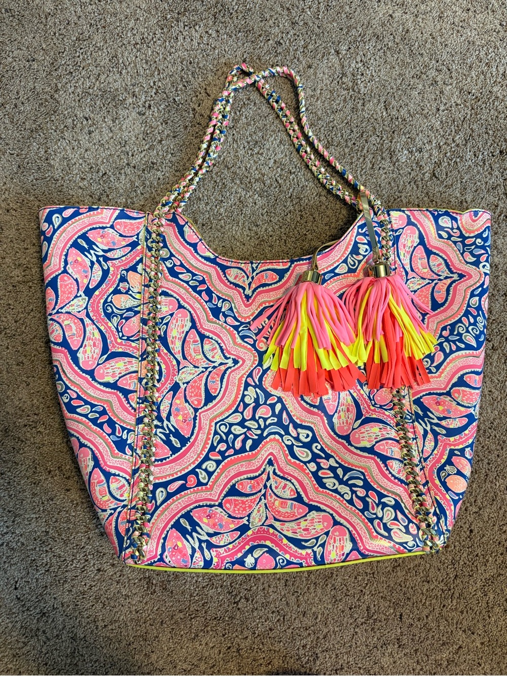 Lilly Pulitzer Navy and Pink Paisley Tote with Neon Tassels